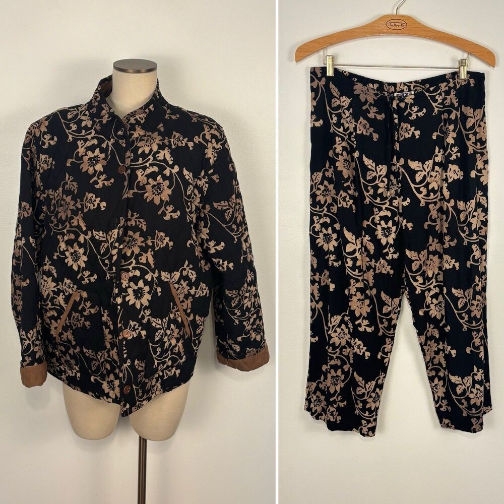 VTG Nomadic Traders Jacket Pants Set Womens XL Black Tan Floral Paisley Quilted